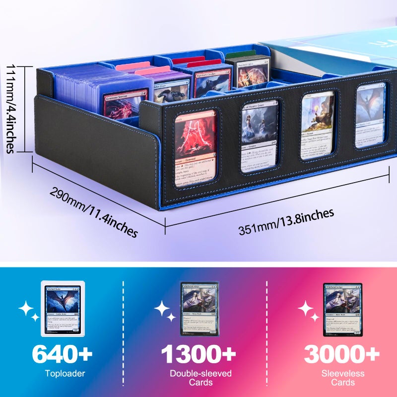 UAONO Trading Card Storage Box with Commander Display; 2400+ Deck Box for MTG with Removable Cover; Toploader Card Case fits Magic TCG PTCG Sports Cards; 24 Dividers  4 Stoppers (Black  Blue) - Image 4